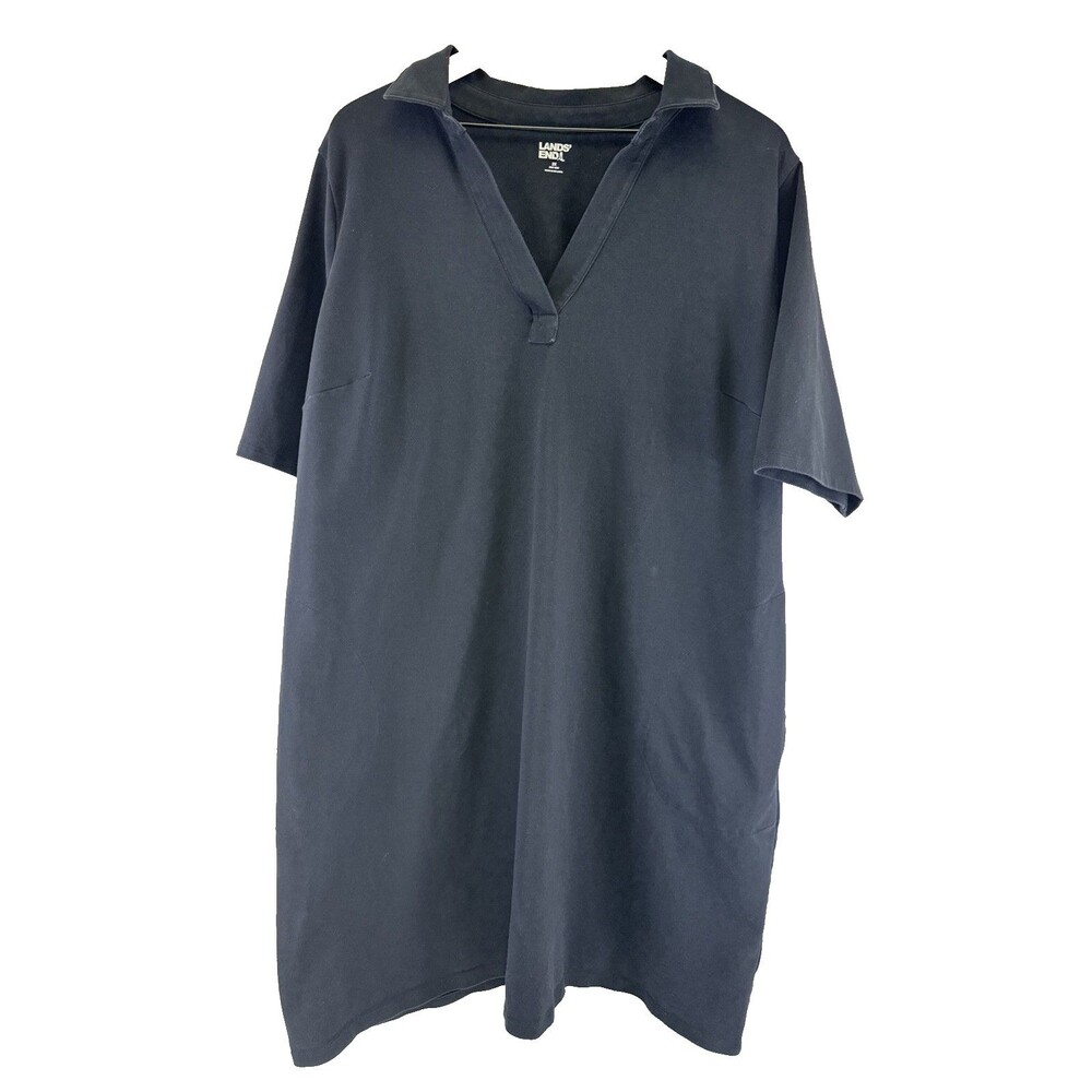 Lands End Plus Size Starfish Elbow Sleeve Polo Dress Black Pockets 2X 20W-22W